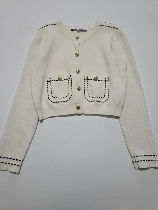 English Factory Stitch Detail Puff Sleeve Cardigan Crew Neck Long Sleeve Size L - Picture 2 of 13